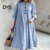 Summer Spring Dress with Pockets Buttoned V Neck Pleated Loose A-line Hem Half Sleeves Solid Color Midi Dress for Daily Wear Party Dating