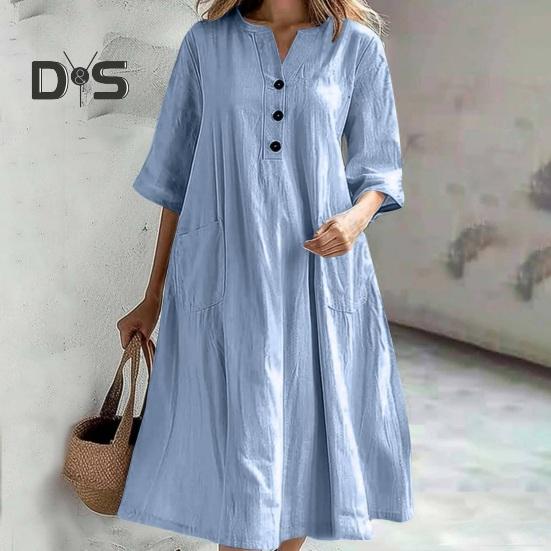 Summer Spring Dress with Pockets Buttoned V Neck Pleated Loose A-line Hem Half Sleeves Solid Color Midi Dress for Daily Wear Party Dating