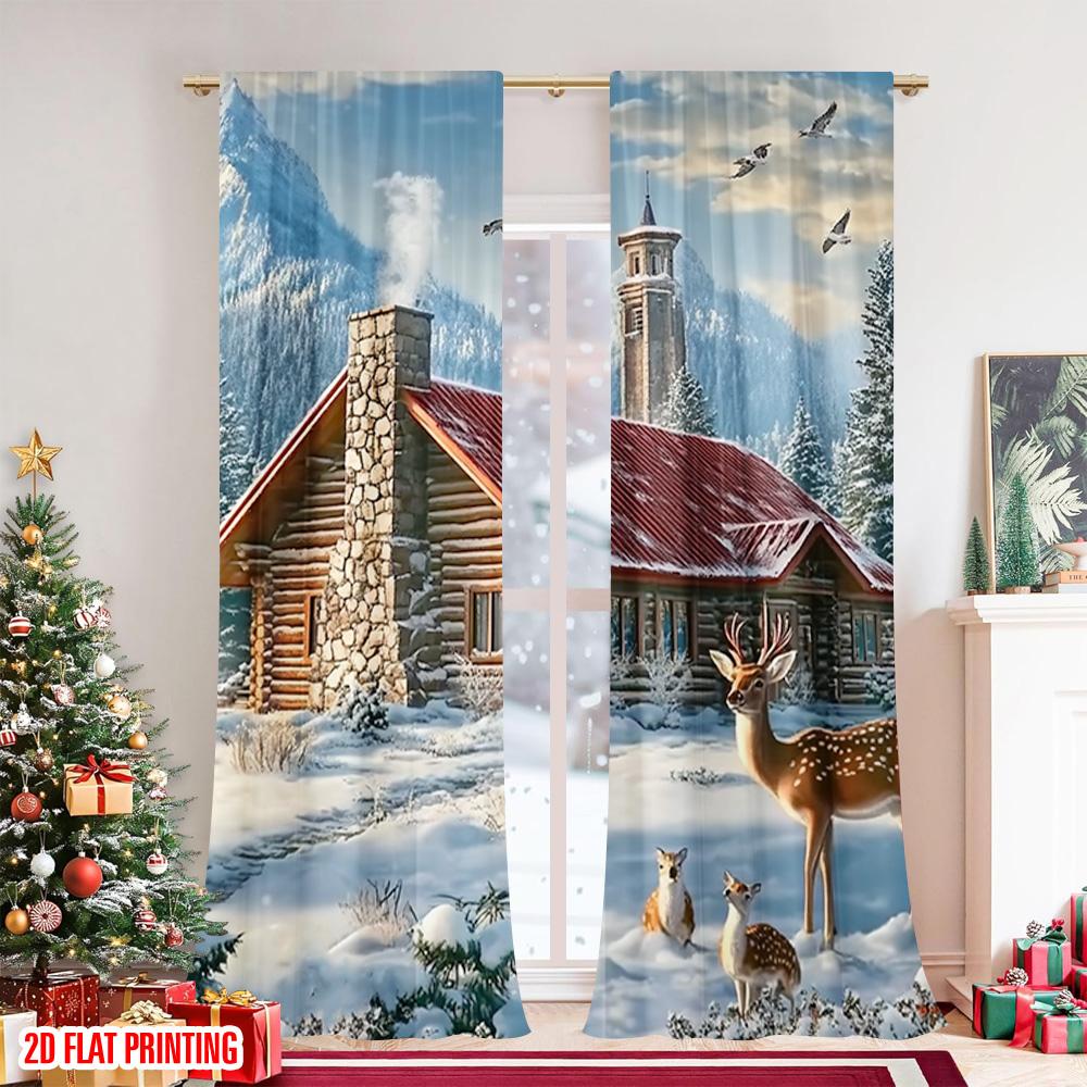 Set Of 2 Flat Printing Merry Christmas Window Curtains Cardinal Deer Polyester Without Electricity Festive Holiday Made
