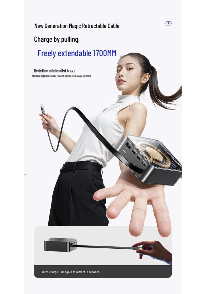 GaN Multi-Port Fast Charger with Retractable Cable for Huawei, Apple & Android Devices.