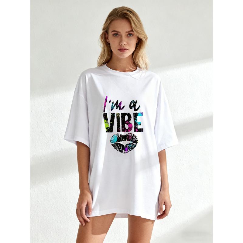 Oversized T Shirt Black I M A VIBE With Colorful Lip Print For Casual Wear And Street Style