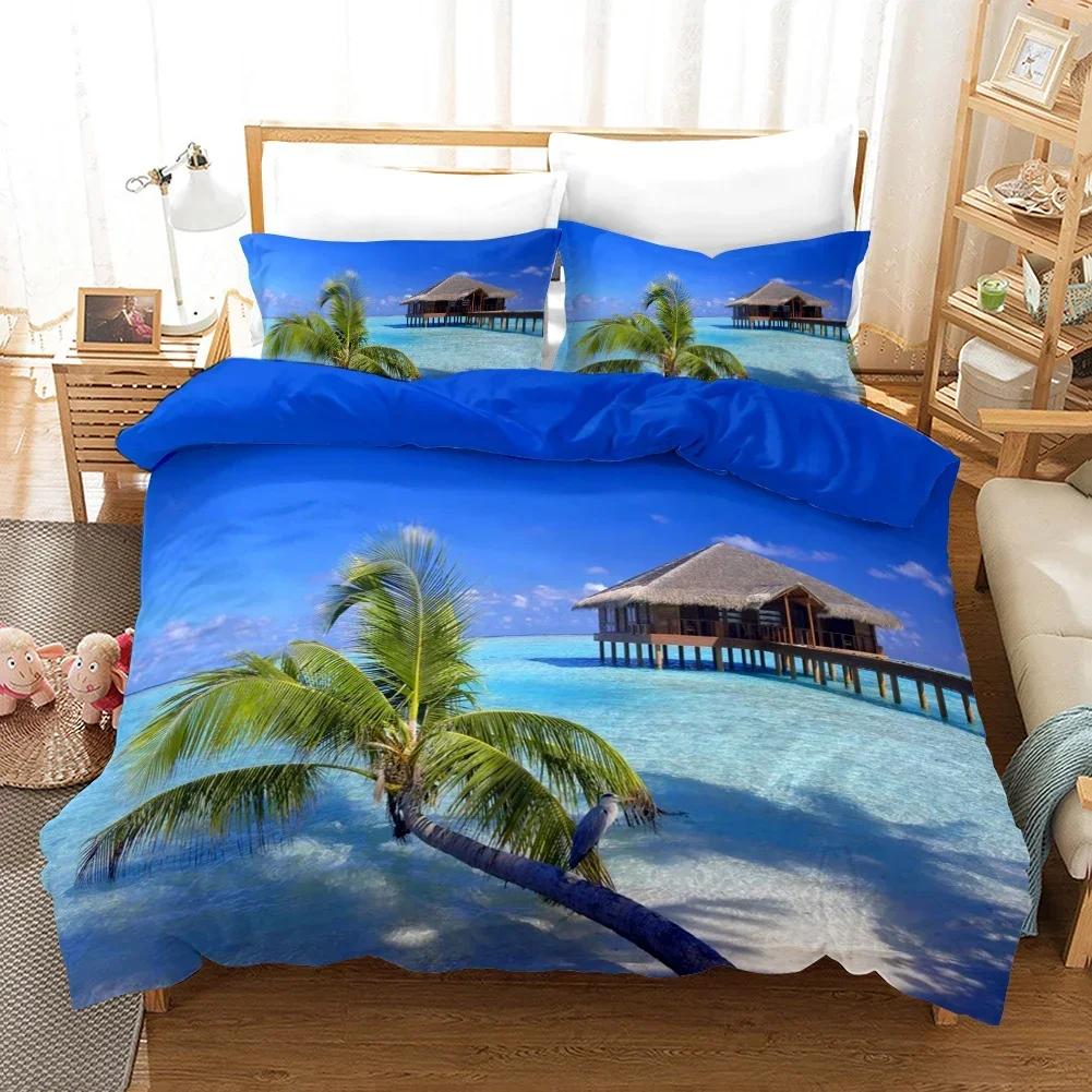 Tropical Island With The Palm Tree Comfortable Duvet Quilt Cover Pillowcase Bedding Set Children Bedroom Decoration Home Textile