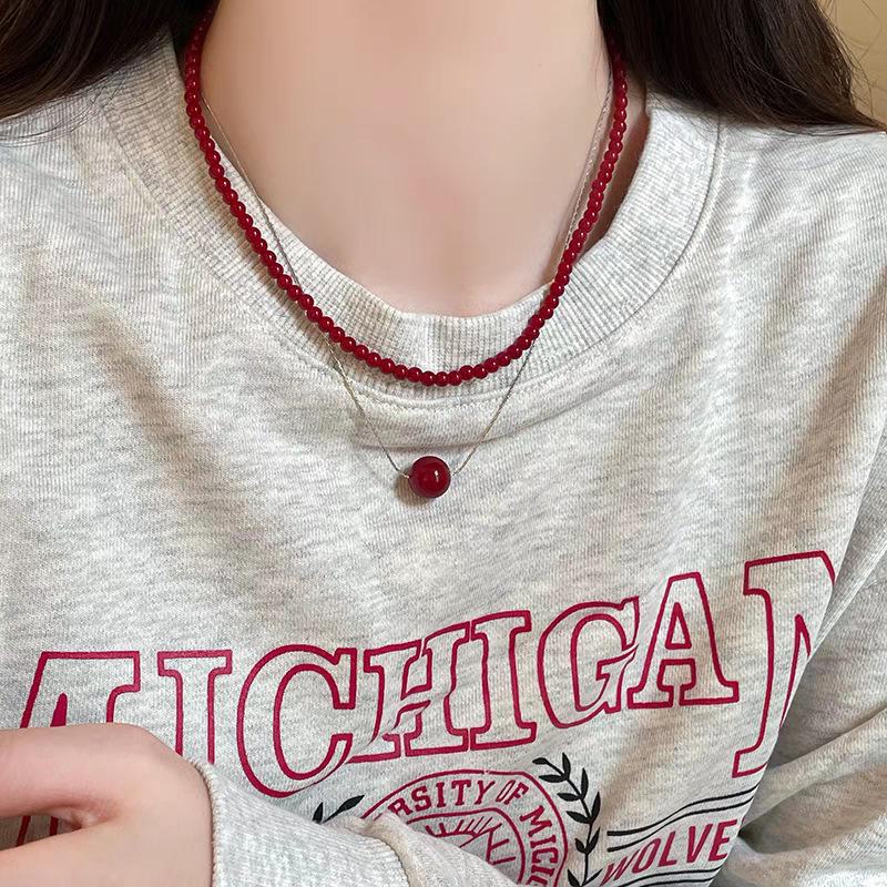 Ankola Red Beaded Necklace for Women - Niche Design, High-End Stacking Clavicle Chain, Fashionable White Beaded Accessories
