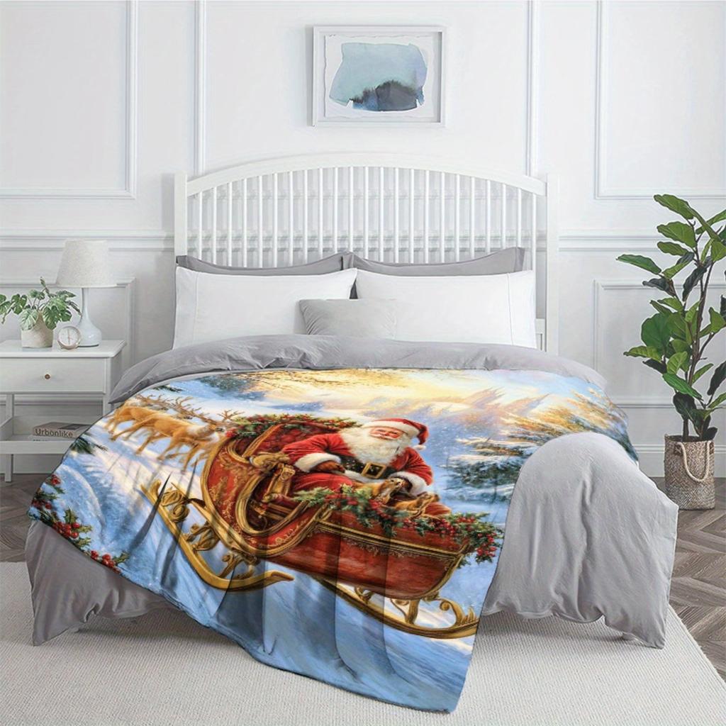 Santa Claus Reindeer Sleigh Christmas Flannel Blanket Holiday Scene Art Print Soft Cozy Throw Cover Xmas Gift forFamilyHomeDecor
