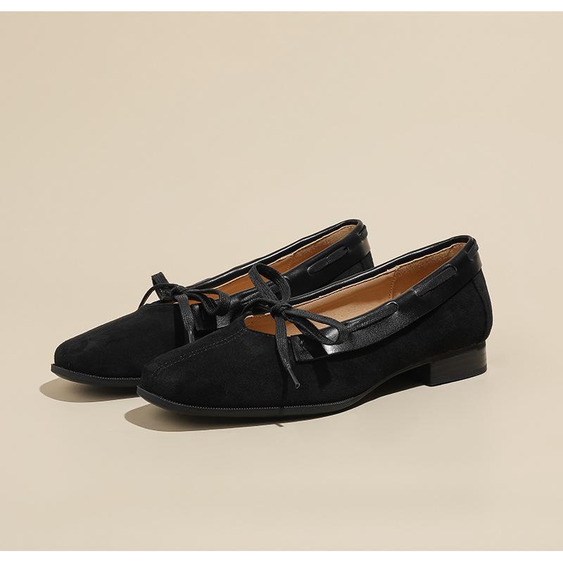 Suede square head ballet shoes women's spring and summer flat-soled single shoes light mouth flat heel retro bow Mary Jane women's shoes