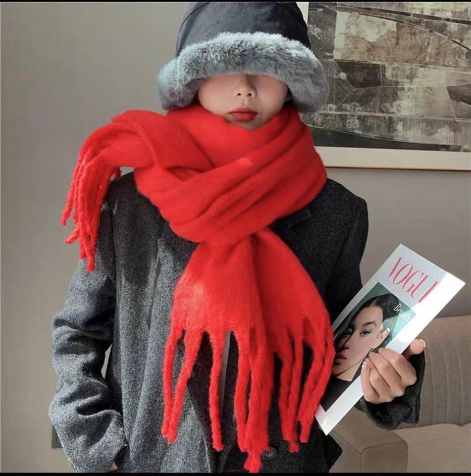 High-End Women's Mohair Scarf – Pure Color, Thick, Warm, All-Match, Korean Style for Autumn/Winter 2024