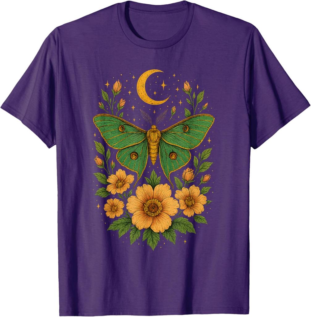 Luna Moth Celestial Garden Graphic Tee Men's Casual Cotton Print Round Neck T-Shirt