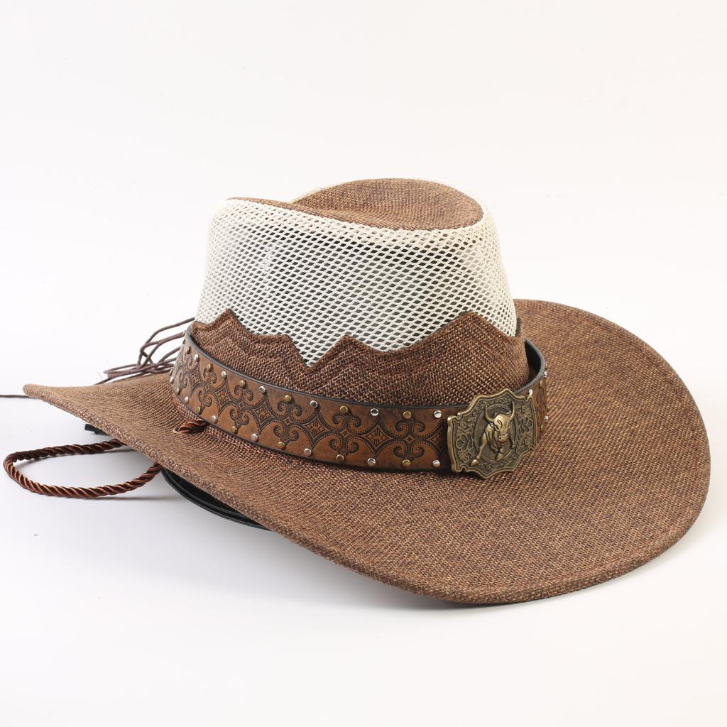 Western Cowboy Hat Men and Women Summer Breathable Sunscreen Visor Hat Big Brim Outdoor Travel Straw Top Hat