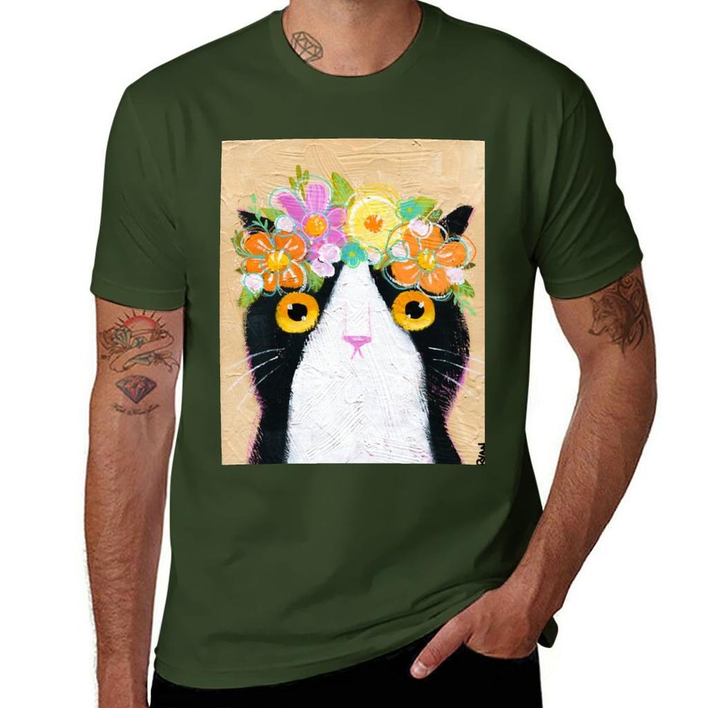 Kittys Flower Crown TShirt Aesthetic Clothes Customs for a Boy Black Tshirts for Men
