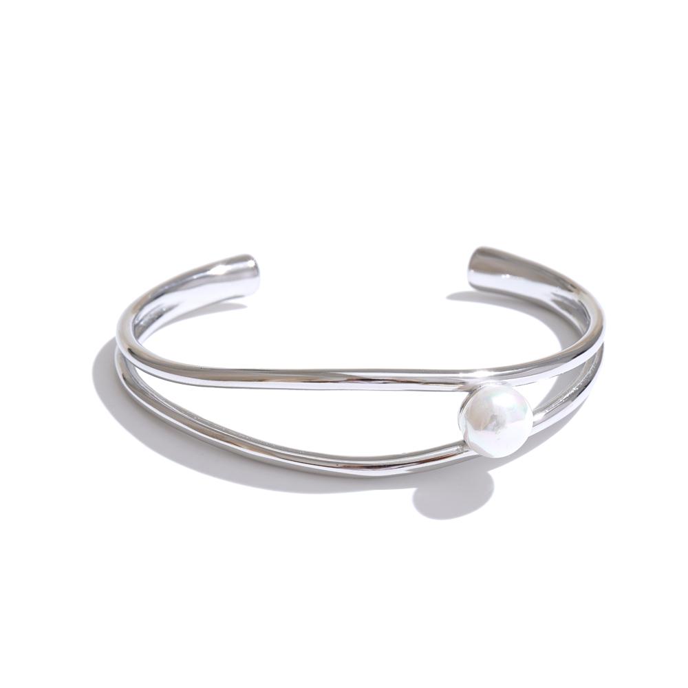 

Yhpup New Stainless Steel Smooth Pearl Hollow Open Stylish Bracelet Bangle Minimalist Charm Fashion Wrist Jewelry for Women