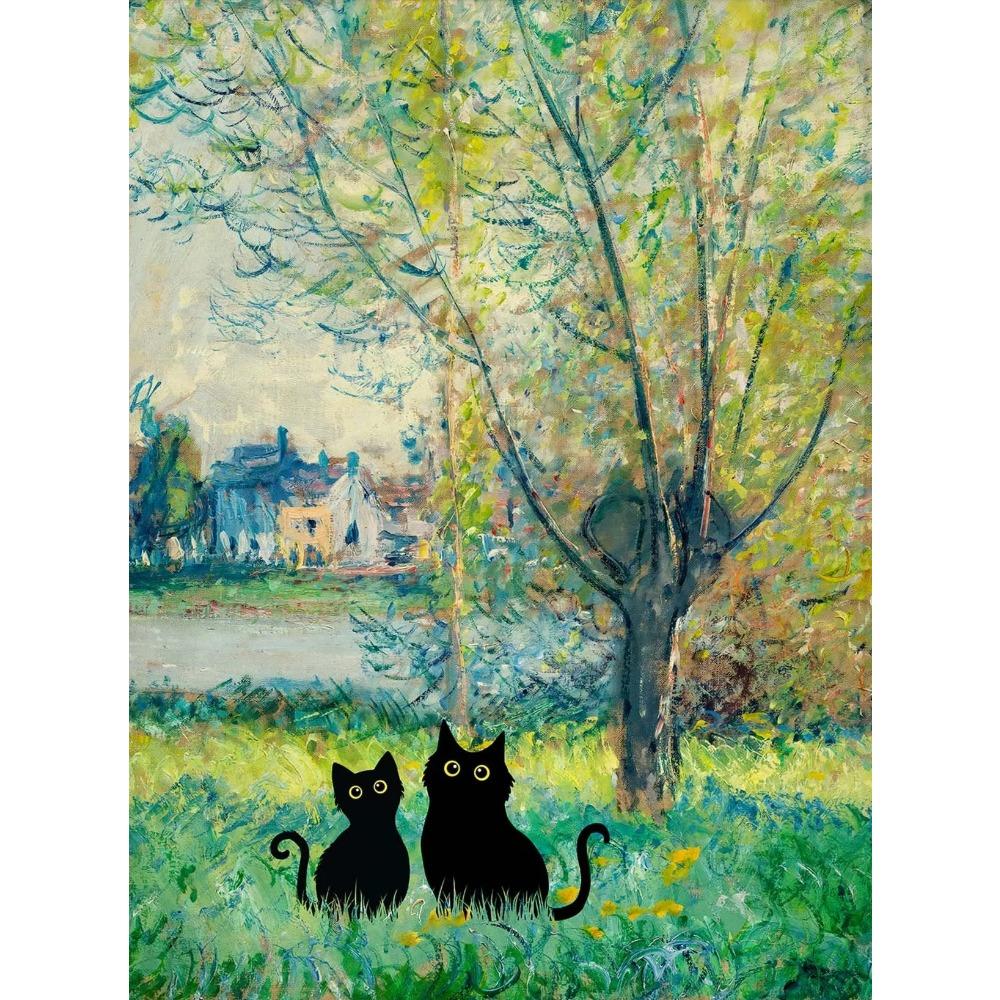 1pc Frameless Claude Monet Artworks Interesting Cute Black Cat Lotus Pond Poster Canvas Paintings for Living Room Home Decor