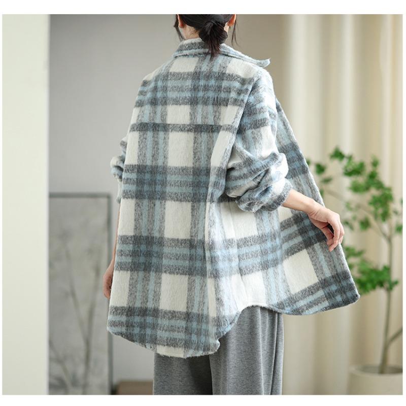 DIMANAF 2025 New Autumn Winter Plus Size Women Coats Jackets Loose Casual Outerwear Vintage Lady Plaid Cotton Thick Long Sleeve