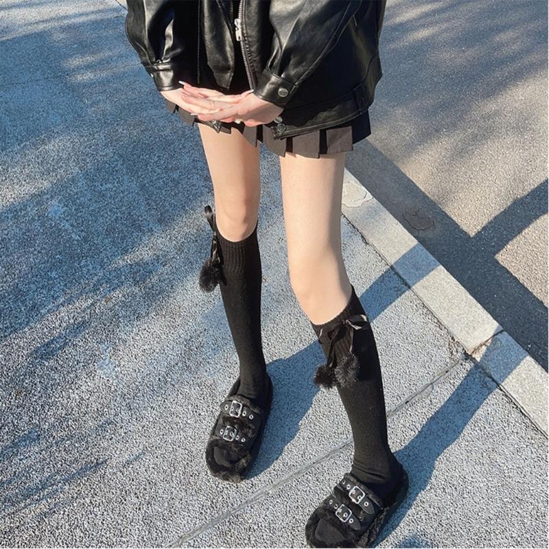 Damen kniehohe Socken Strümpfe Lolitas Schleife Schnürung Wadenstrümpfe Bommel Oberschenkelhohe Strümpfe Süß Niedlich Überknie-Socken