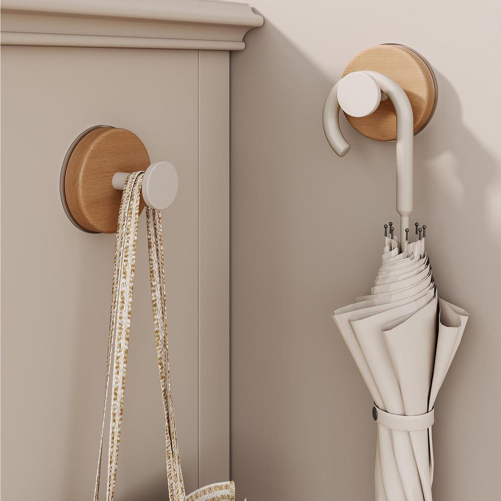 Solid Wood No-Drill Adhesive Wall Hook for Bathroom & Door, Clothes & Hat Storage