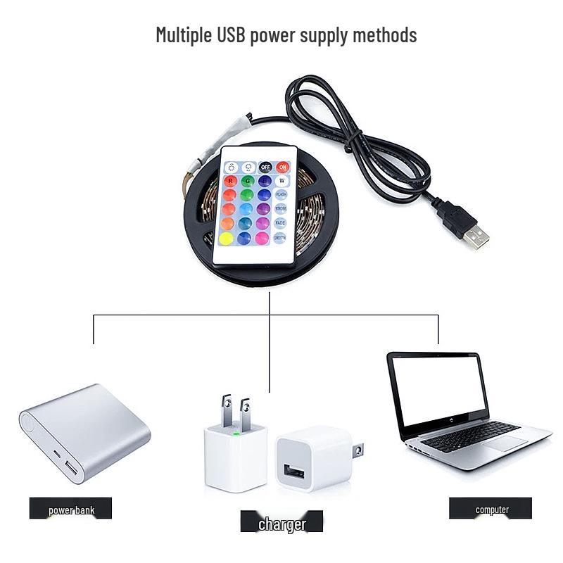USB 5V RGB LED Strip Light with 24-Key Remote, Stepless Dimming for TV and Indoor Use