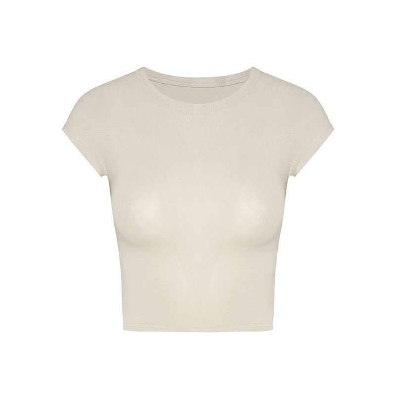 American Style Sexy Pure Desire Style round Neck Shoulder Short Sleeve T-shirt Female Summer Apricot Silm Slim Looking Short Midriff-Baring Top