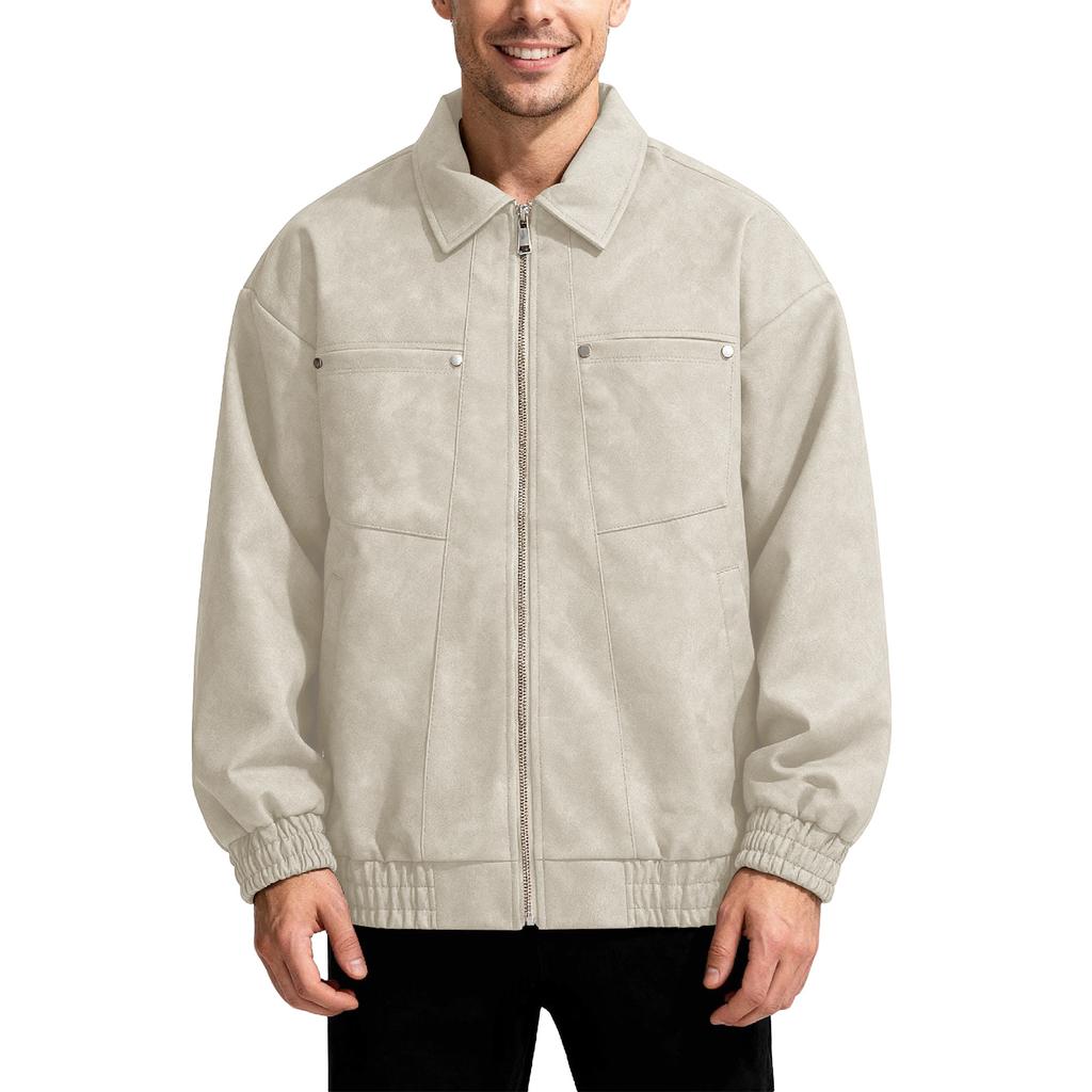 Men's Suede Jacket Oversized Retro Streetwear Zip Up Faux Leather Coat With Turn Down Collar
