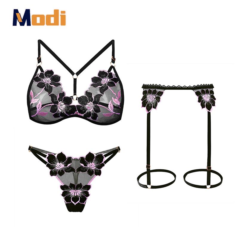 Erotic Lingerie Hot See-Through Embroidered Bra Female Large Size Passionate Temptation Sexy Panties Garter Three-Piece Suit