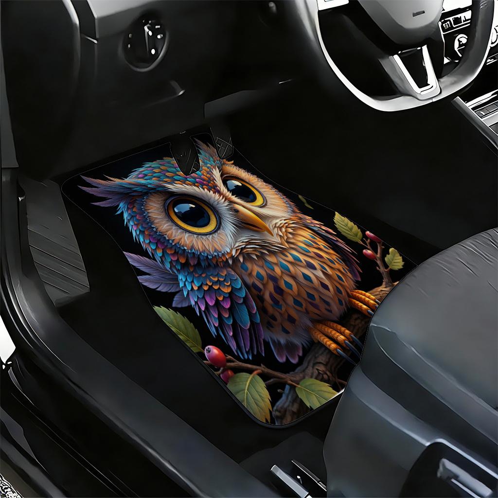 2D Flat Printing, 4pcs Car Floor Mats Retro Forest Cartoon Owl Car Mats Vibrant Dreamy 3D Cute Pet Print Car Foot Mats Universal