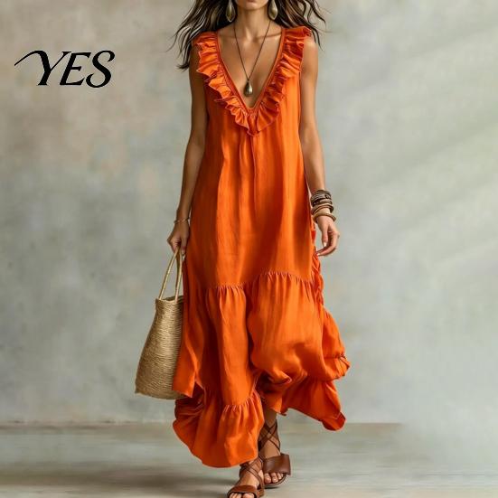 Versatile Daily Wear Dress Women's Deep V Neck Ruffle Trim Maxi Dress, Sleeveless Loose Lightweight Polyester Flowy Beach Sundress, Summer Casual