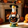 Fall Porch Ornament Halloween Mini Desk Goose Statue, Cute Small Figurine with Stable Base Statue Pumpkin Apron And Wizard Hat for Home Office