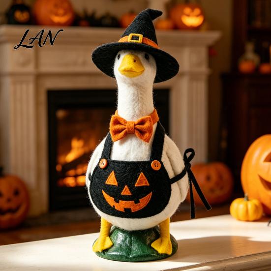 Fall Porch Ornament Halloween Mini Desk Goose Statue, Cute Small Figurine with Stable Base Statue Pumpkin Apron And Wizard Hat for Home Office