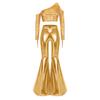 Damen Disco Tanz Outfit Schulterfrei Langarm Fransen Pailletten Crop Top Metallisch Glänzend Schlaghosen