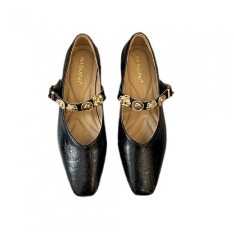 Inner Height Increase Korean Version Square Head Metal Buckle Mary Jane Flat-soled Single Shoes 2025 Spring and Autumn Outer Wear Comfortable Soft-so