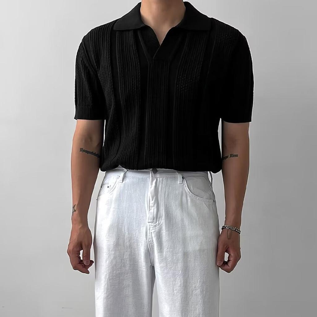Hollow Mesh Texture Knitted Short-sleeved Polo Shirt T-shirt Men's Summer Korean Light Mature Style Top T-shirt
