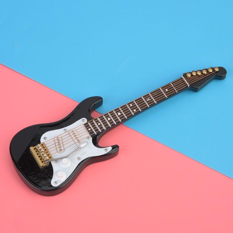 Delicate 14 Cm Mini Wooden Electric Guitar Model Ornaments Collection With Stand(Black)