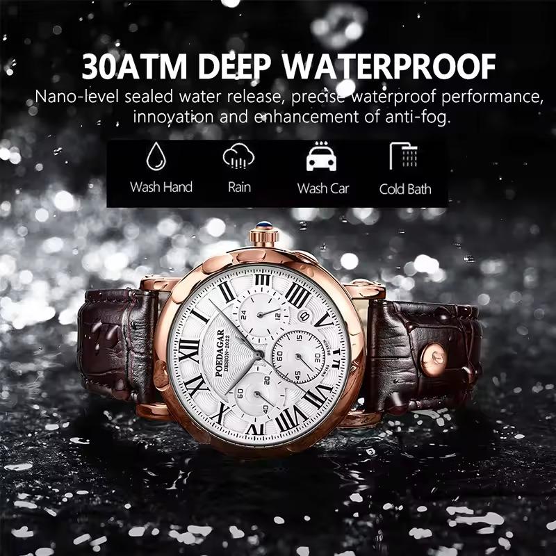 POEDAGAR Men Watch Fashion Chronograph Leather Quartz Watches Waterproof Luminous Sport Sport Wristwatch Six Needle Watch