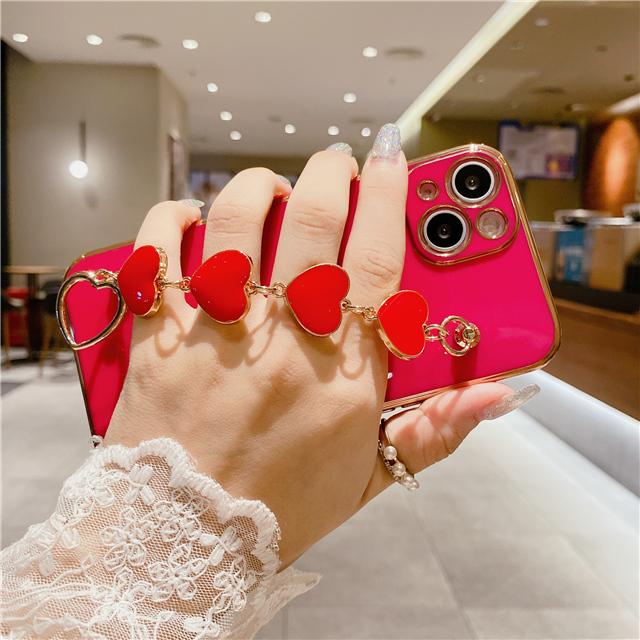 Luxury Gold Plating Bracelet Phone Case For iPhone 14 13 11 Pro Max XR XS 7 8Plus SE2 SE3 12Mini Fashion Heart Wrist Chain Cover