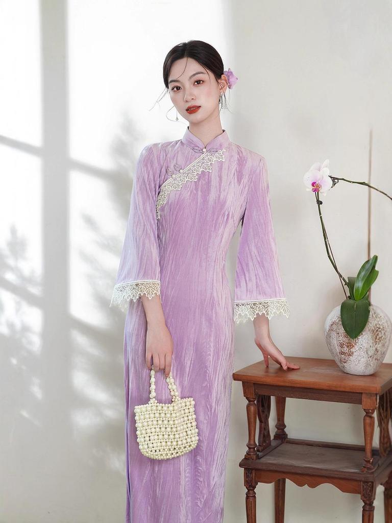2025 Autumn Blue Velvet Qipao with Lace Edging & Large Sleeves - Young Style