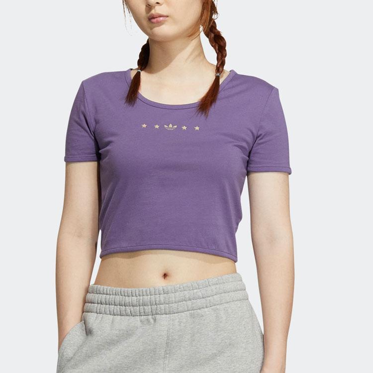 Adidas Originals Trefoil Small Logo Print Crew Neck T-Shirt Women Tops Tech-Purple HZ5348