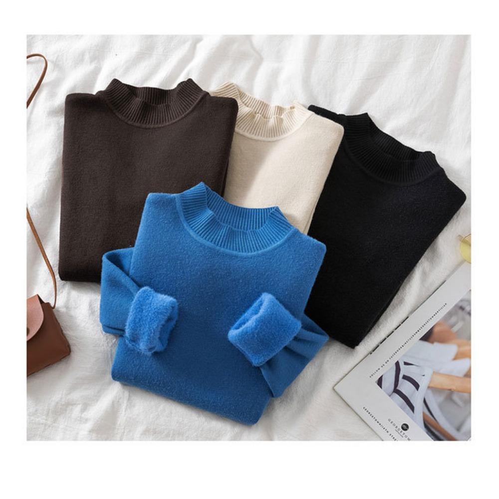 Autumn and Winter Women's Padded Thickened Sweater Single Layer Mid-collar Half-high Neck Knitted Bottoming Shirt Mink Warm Tops