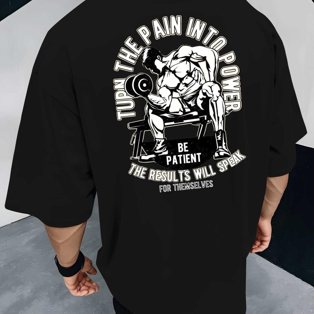 Turn The Pain Into Power Graphic Print Men's Cotton T-Shirt Fitness Gym Workout Tee