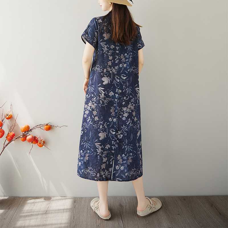 Women Floral Print Linen Blend Midi Dress Lapel Short Sleeve Loose A Line Casual Summer Dress