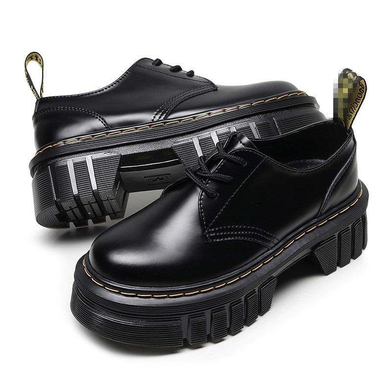 Thickened Bottom Hole Martin Shoes Women's Low Top, Leather Tire Sole Round Head Casual Student Muffin Short Boots