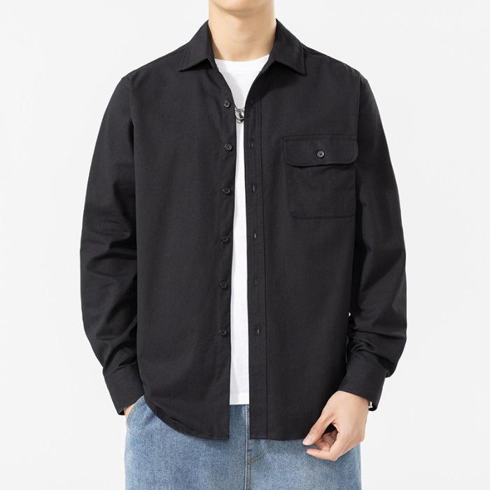 Pure Cotton Long-sleeved Shirt Men's Spring Pocket Solid Color Long-sleeved Shirt Casual Shirt Jacket