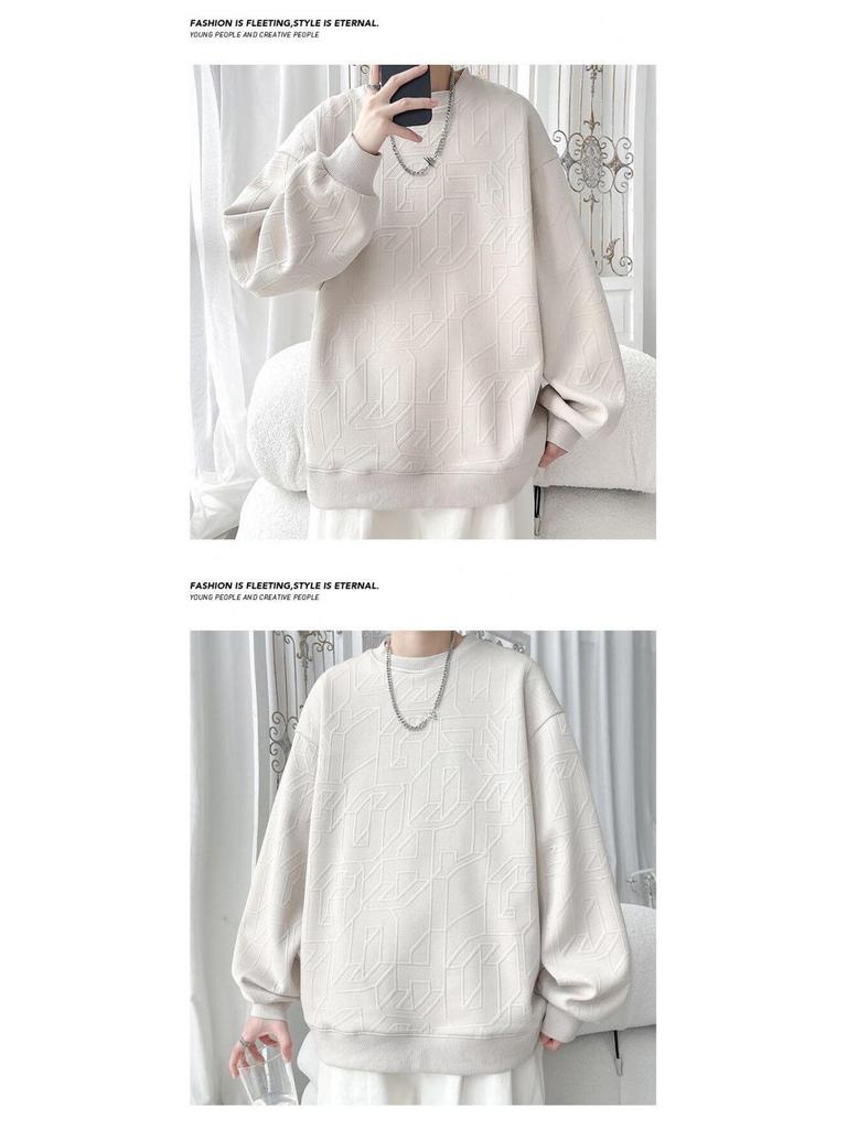 2025 Spring/Autumn Men's High-End Heavyweight Jacquard Hoodie - Versatile Round Neck, Loose Fit, Handsome Long Sleeve Top