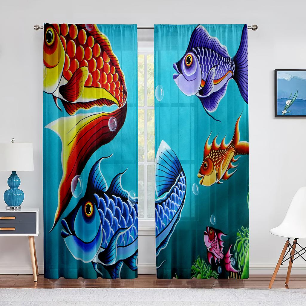 Goldfish Koi Fish Ink Painting Leaves Tulle Curtains for Living Room Bedroom Decor Chiffon Sheer Voile Kitchen Window Curtain