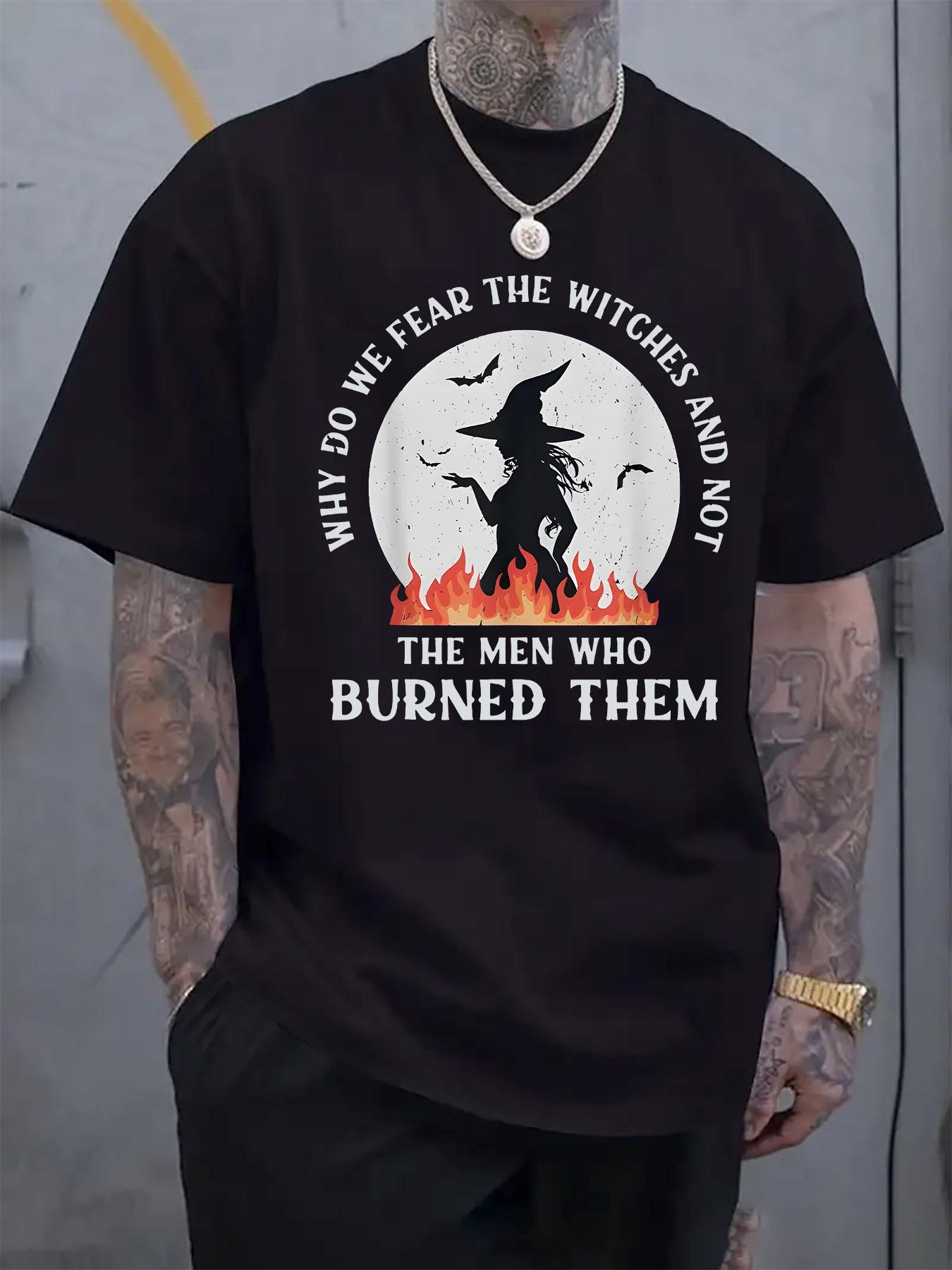 

Witch Reflection Graphic Print T-shirt - Bold Fear The Witches Slogan & Witch Silhouette Design XL