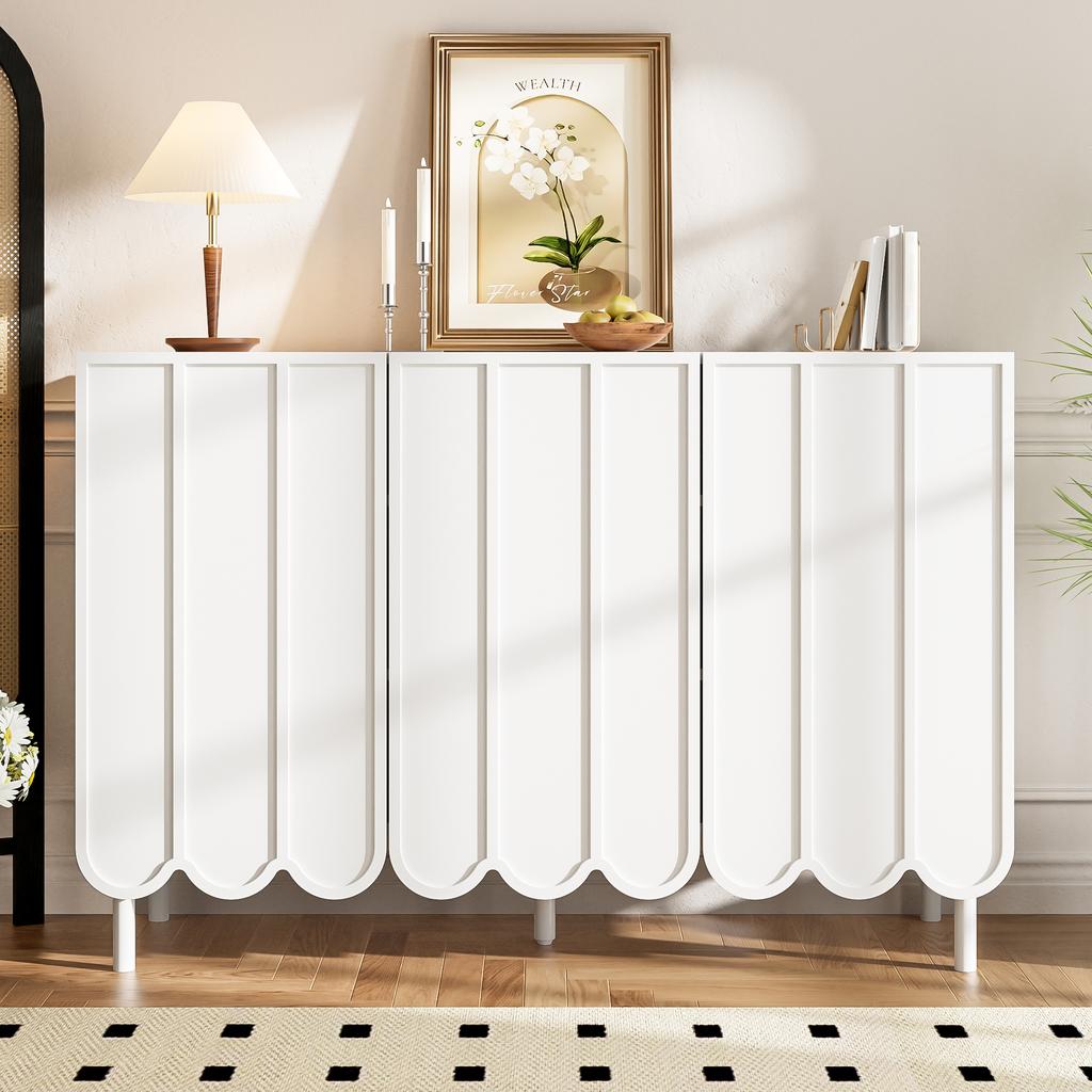 Modern White Sideboard with Wave Doors – 120x35x80 cm – Handleless, Adjustable Shelves – Storage for Living Room, Hallway & Dining Room