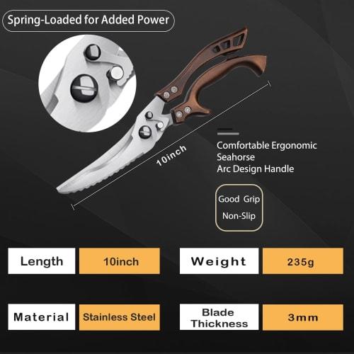 Heavy-Duty Serrated Edge Chicken Shears - for Chicken, Bones, Meat, Turkey, and Fish - Rust-Proof, Spring-Loaded Stainless Steel Kitchen Scissors