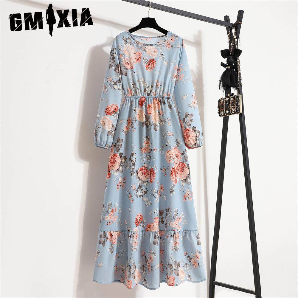 GMXIA 25 Colors Spring Women Maxi Dresses Casual Long Sleeve Floral Print O-Neck Ladies Long Dress Bohe Beach Party Mujer Vestidos Muslim Dress