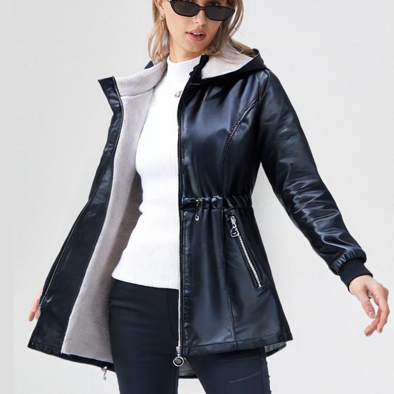 Autumn Winter Women's Fleece Leather Jacket Mid-Length Slim Fit PU Hooded Leather Jacket Flocked Thick Warm Leather Coat