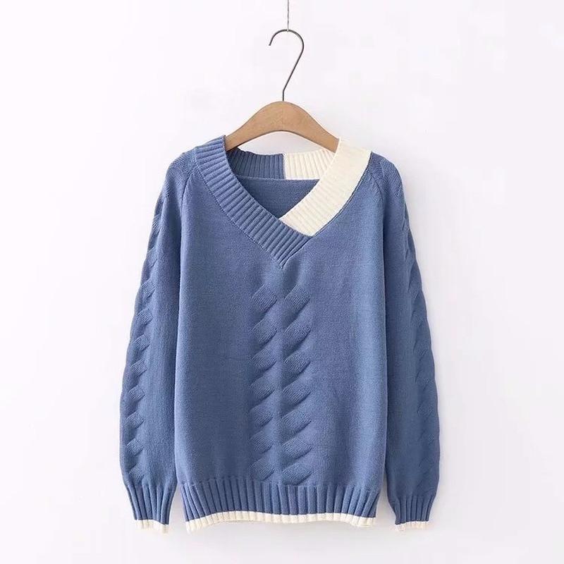 Knitted Sweater Female Long-sleeved Color Matching V-neck Sweater Women Pullover Spring
