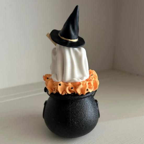 Witch Hat Ghost Cauldron Figurine Halloween Cartoon Ghost Cauldron Statue Sculpture Holiday Party Desktop Decoration Ornament