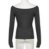 Harajuku Basic Slim Long Sleeve Stripe Tee Off Shoulder O Neck Korean Street Style Spring Autumn Y2K Women's Gray T Shirt