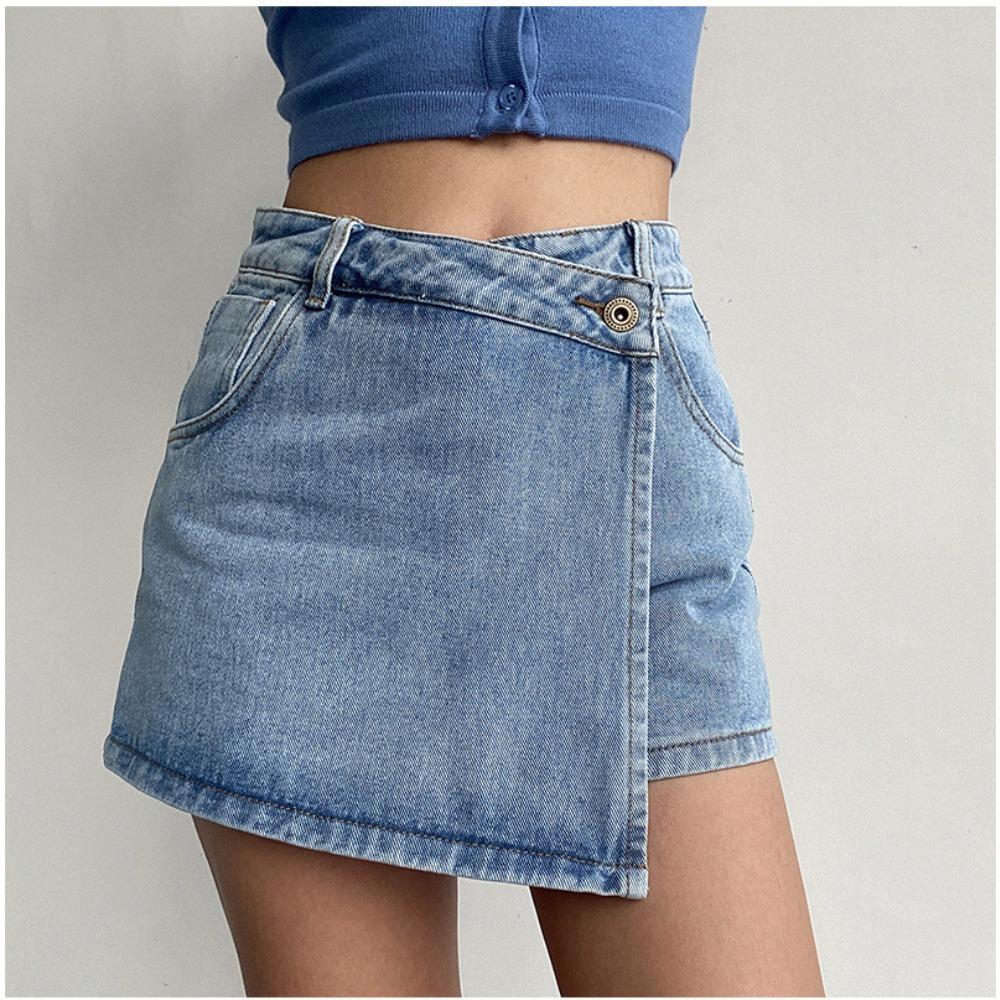 Women s High-Waisted Denim Shorts Plus Size Light Color Fake Two-Piece Design Slim-Fit Denim Skirt S